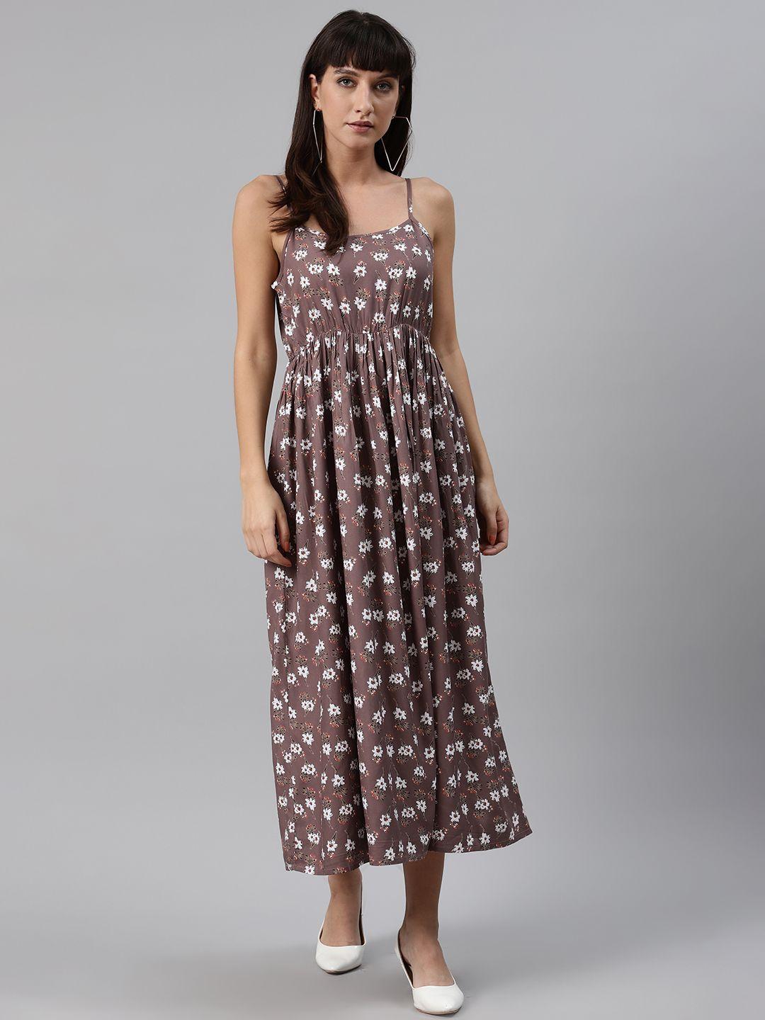 meeranshi women taupe & white floral printed maxi dress