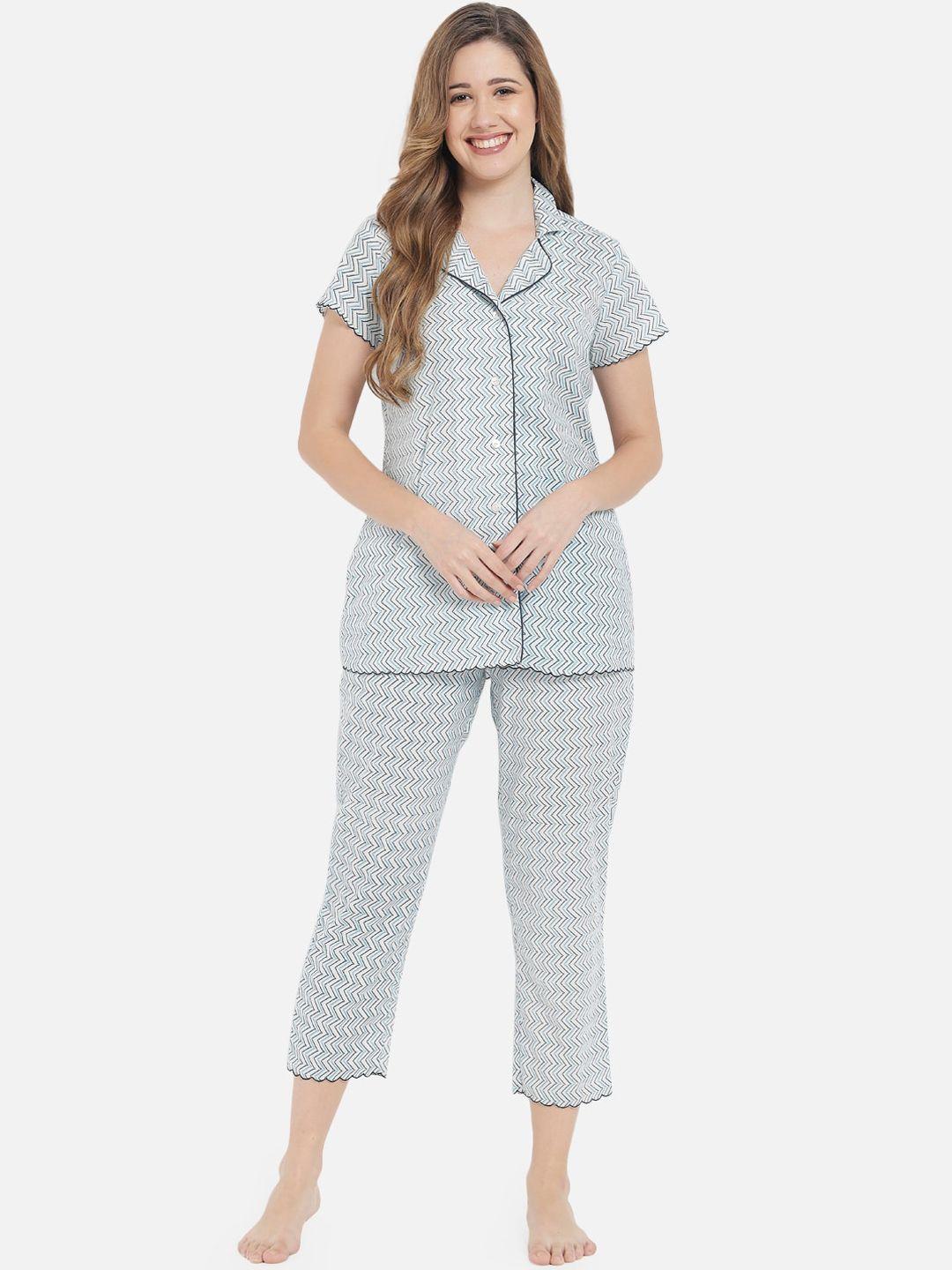 meeranshi women white & blue pure cotton printed night suit