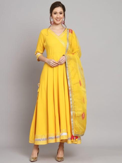 meeranshi yellow angrakha kurta with pant & dupatta