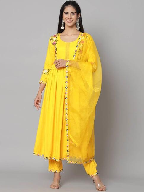 meeranshi yellow embroidered kurta with pant & dupatta