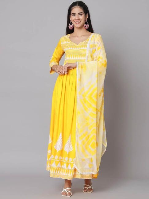 meeranshi yellow embroidered kurta with pant & dupatta