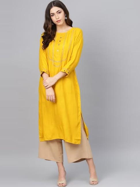 meeranshi yellow embroidered straight kurta