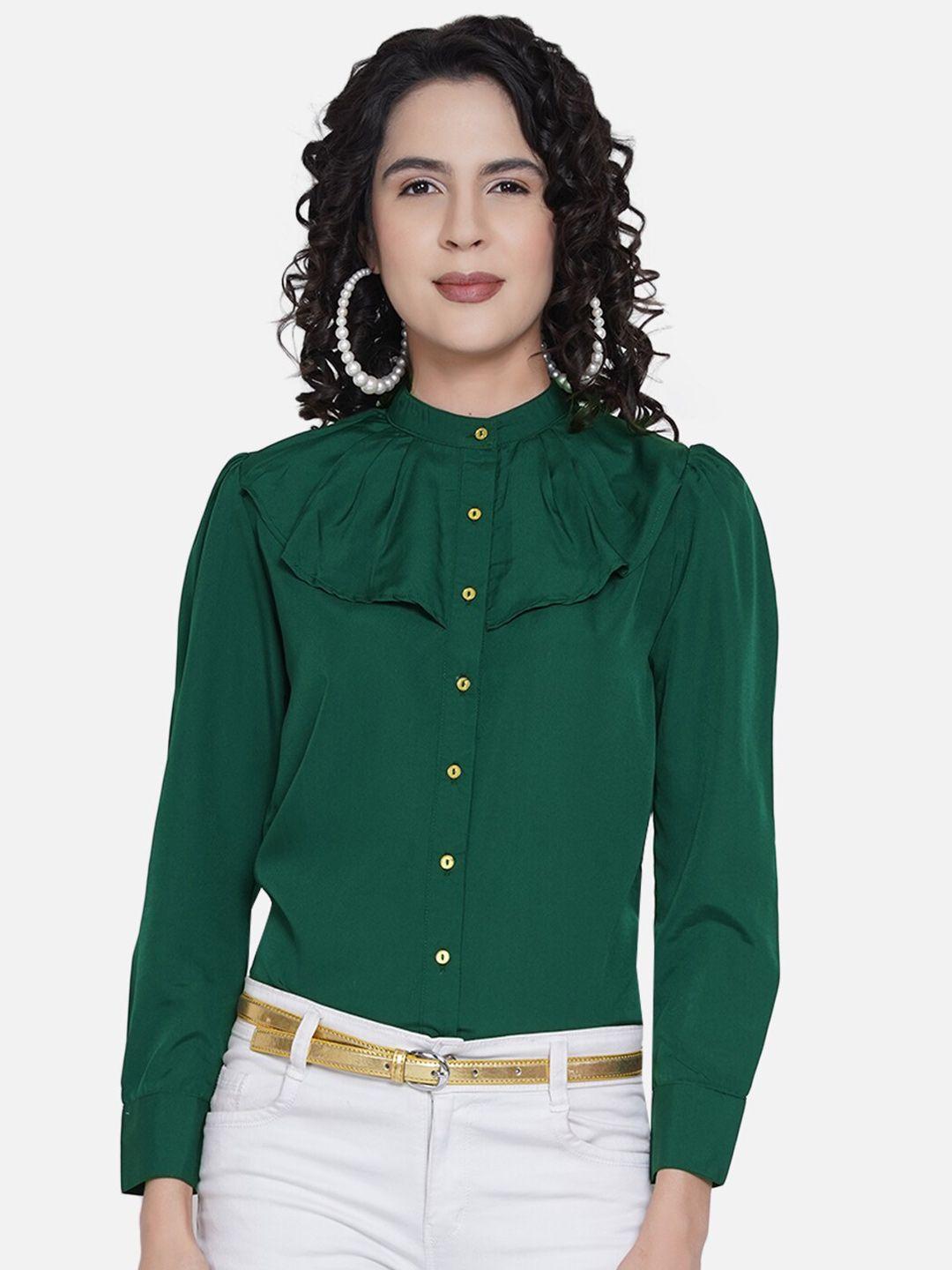 meerap women green mandarin collar crepe shirt style crop top
