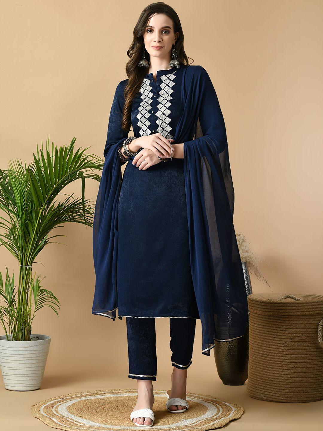 meesan ethnic motifs embroidered regular kurta with trousers & with dupatta