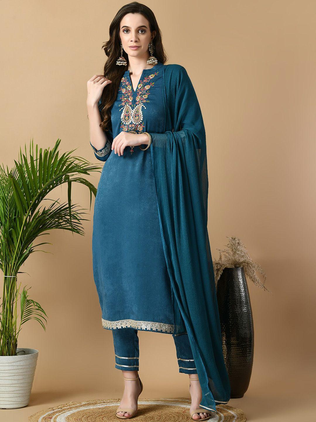 meesan ethnic motifs embroidered regular kurta with trousers & with dupatta