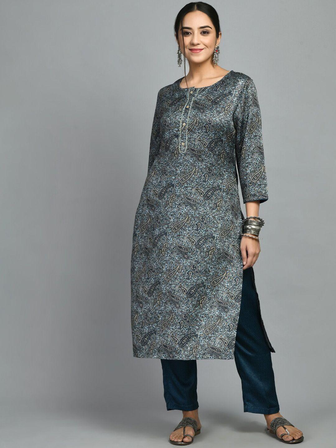 meesan ethnic motifs printed beads and stones woolen kurta with trousers