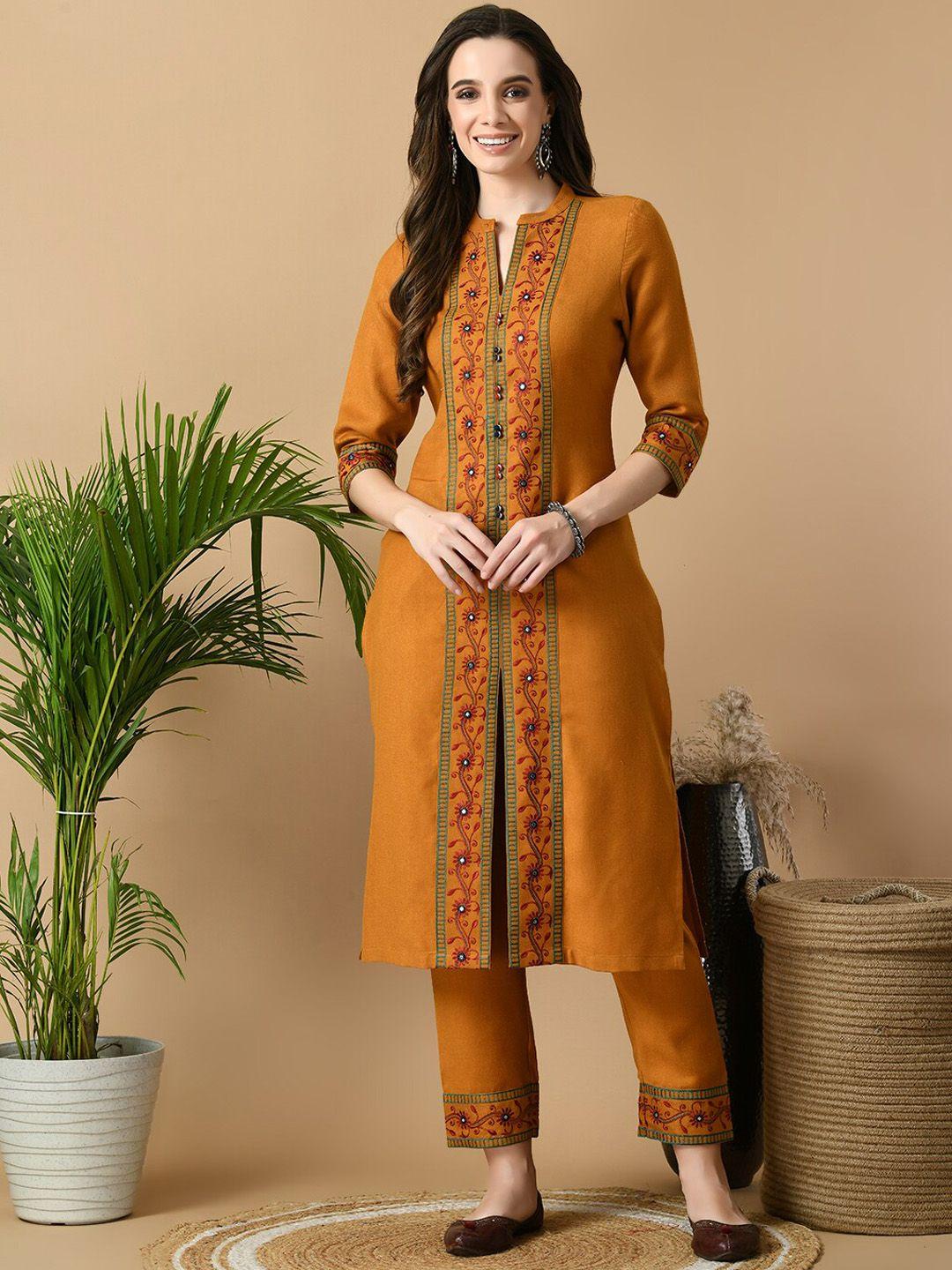 meesan floral embroidered pashmina regular straight kurta with trousers