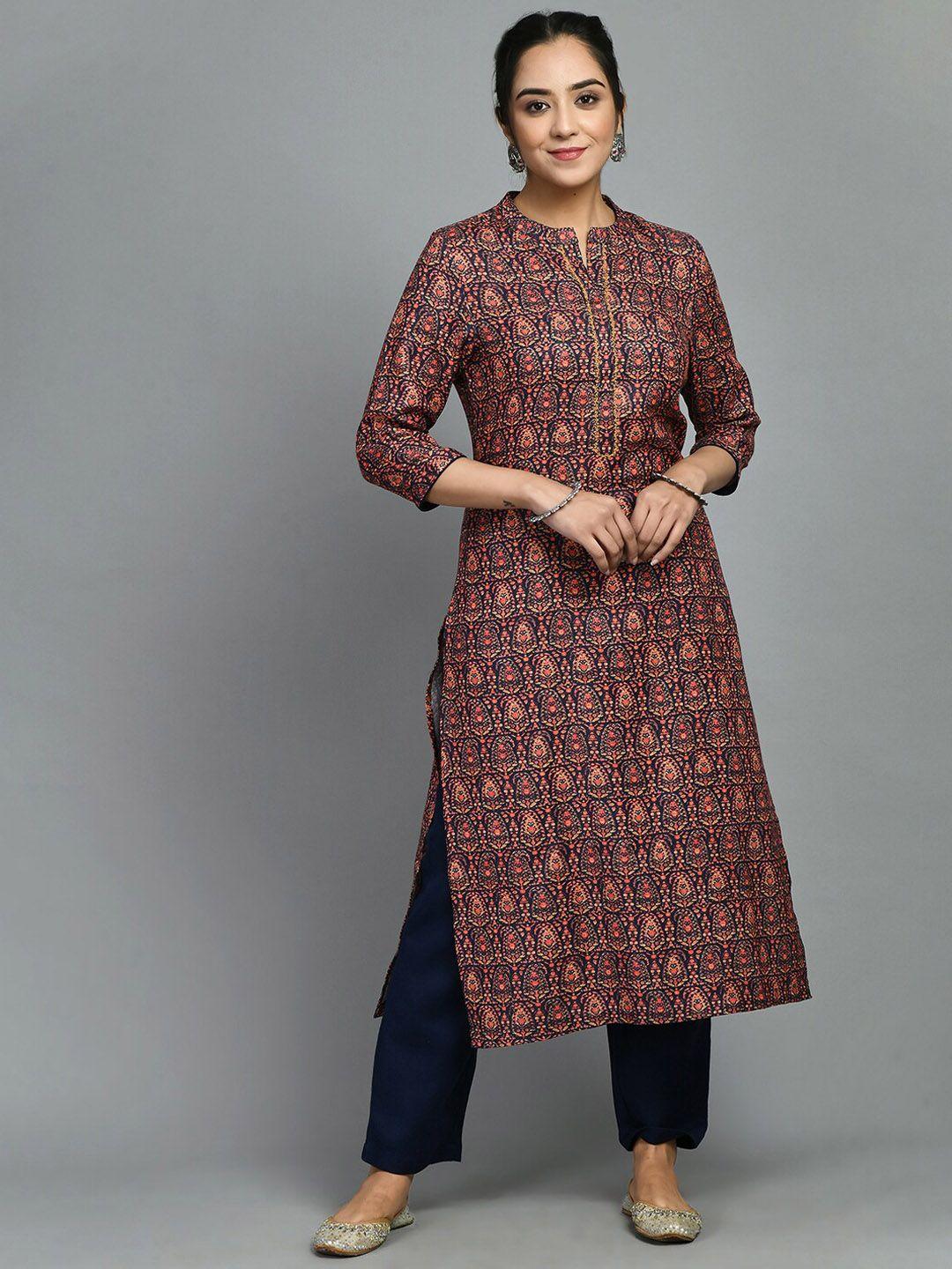 meesan floral printed band collar woolen kurta with trousers