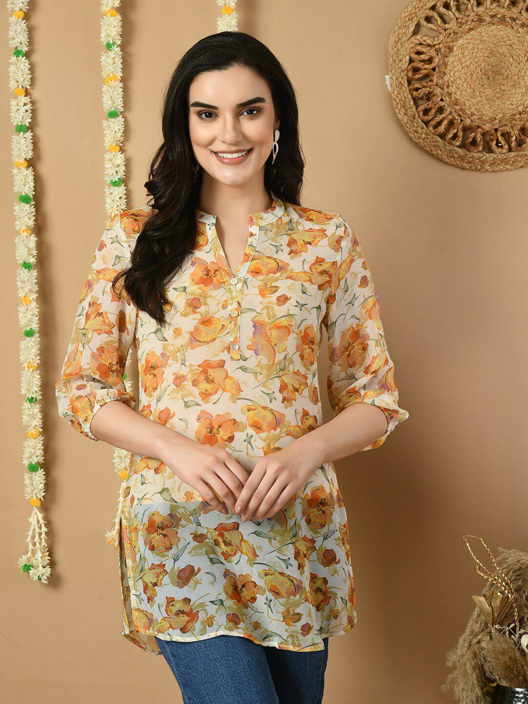 meesan floral printed mandarin collar straight kurti