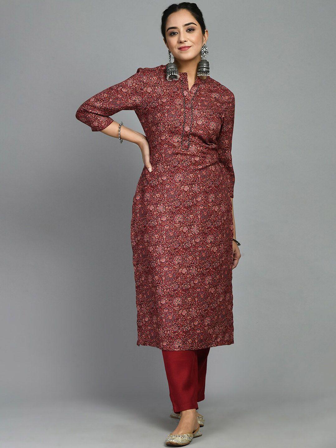 meesan floral printed mandarin collar woolen kurta with trousers