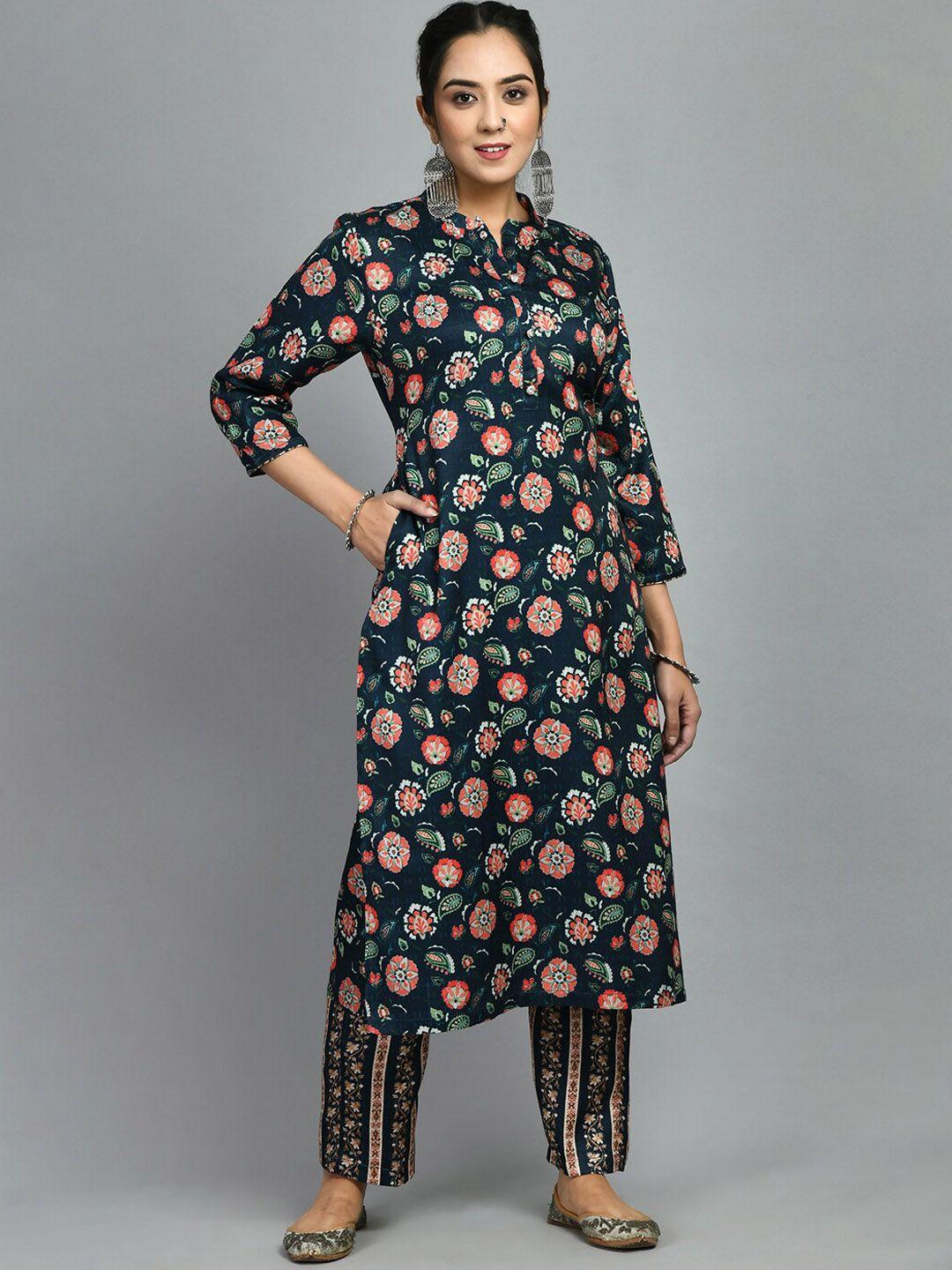 meesan floral printed mandarin collar woolen kurta with trousers