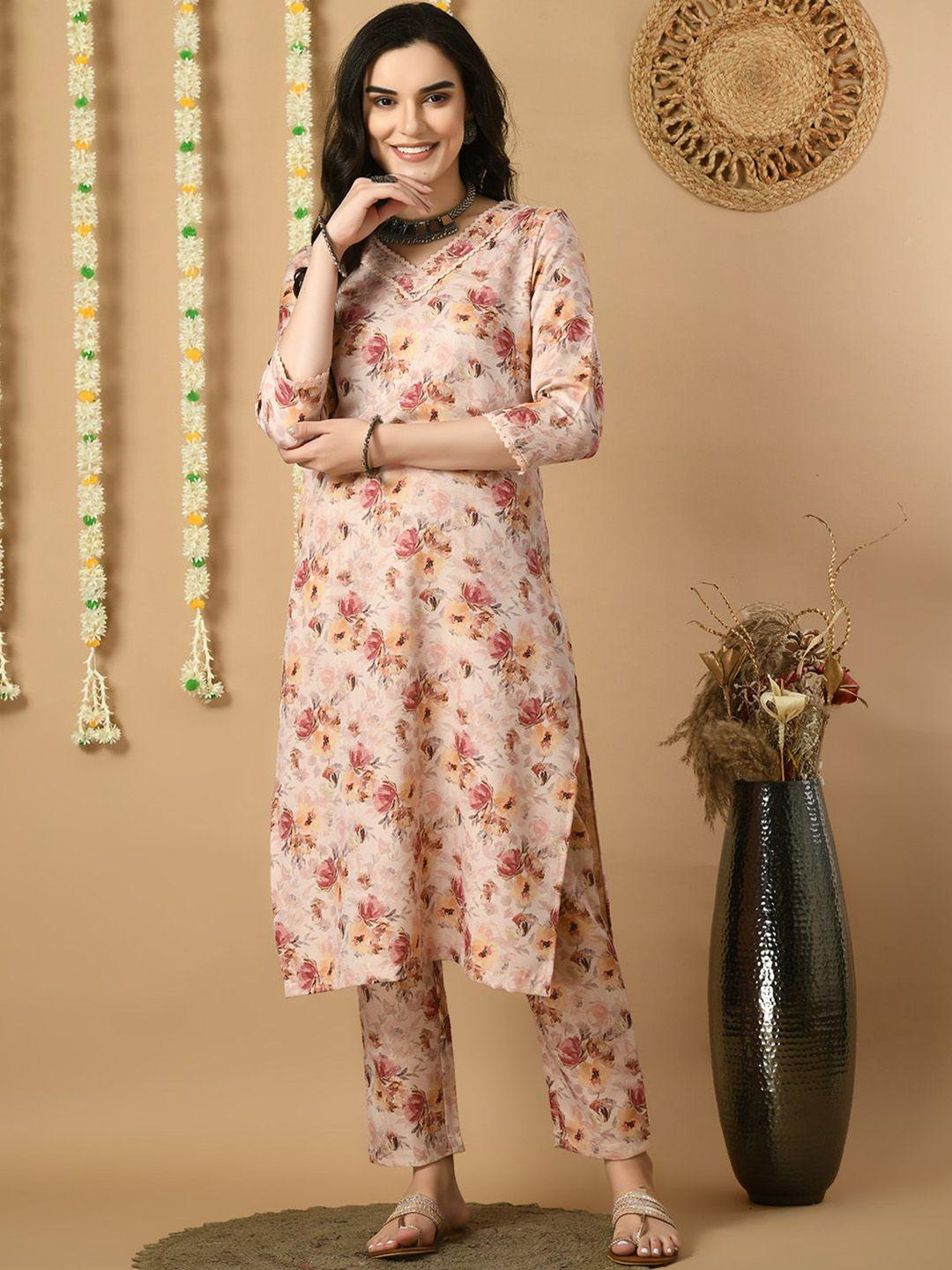 meesan floral printed v-neck regular kurta with trousers