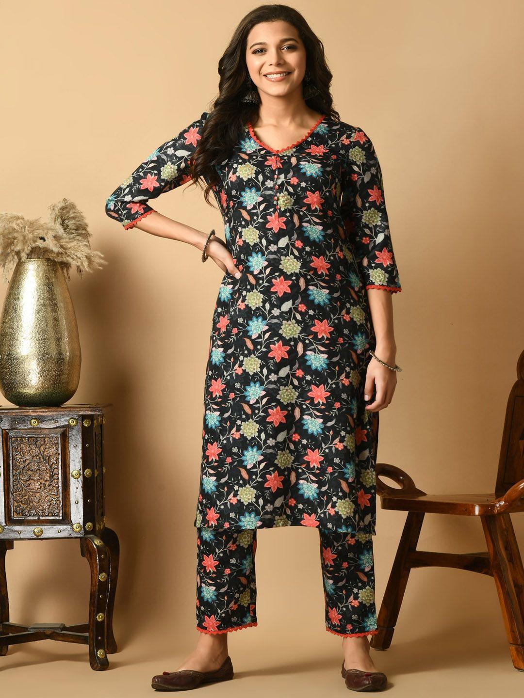 meesan floral printed v-neck straight kurta with trousers