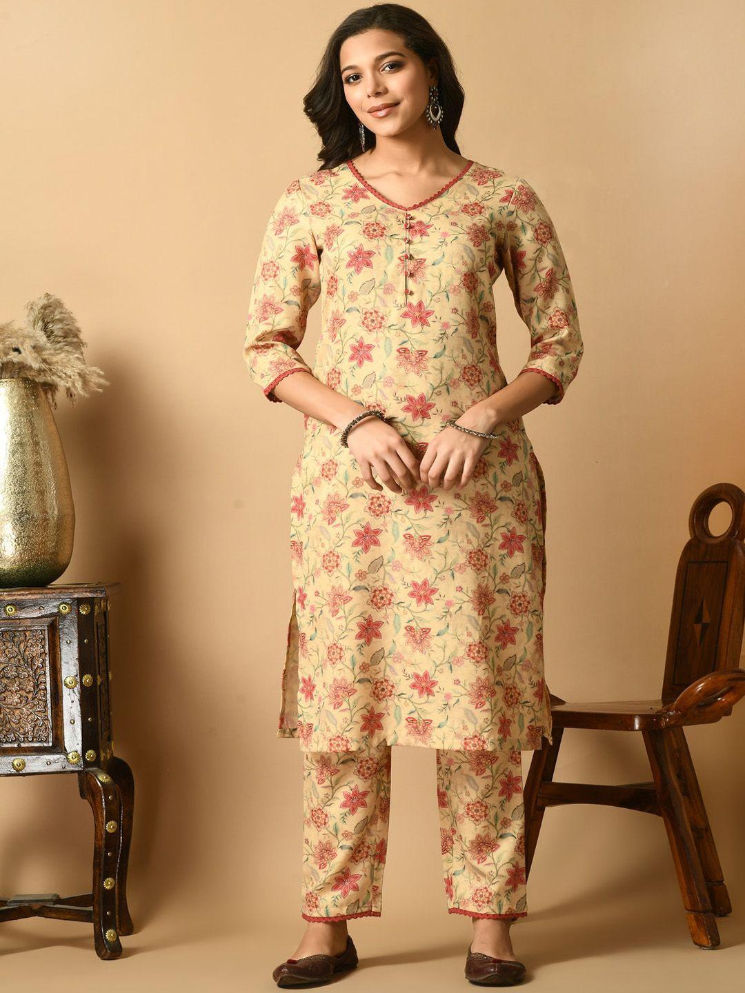 meesan floral printed v-neck straight kurta with trousers