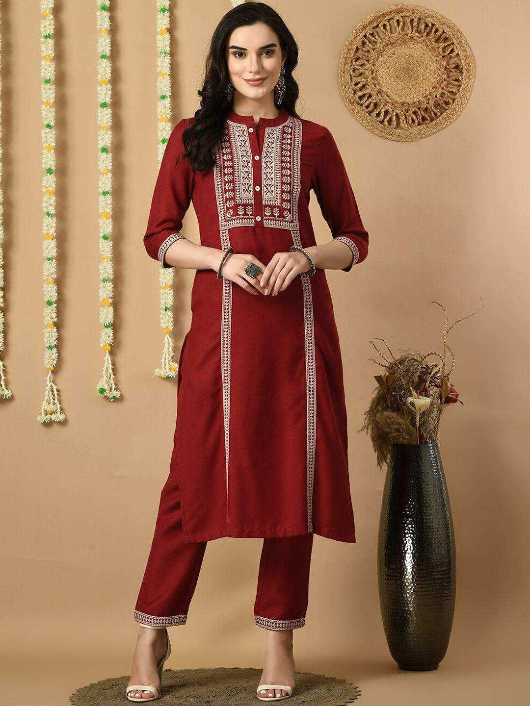 meesan floral yoke design mandarin collar regular kurta with trousers