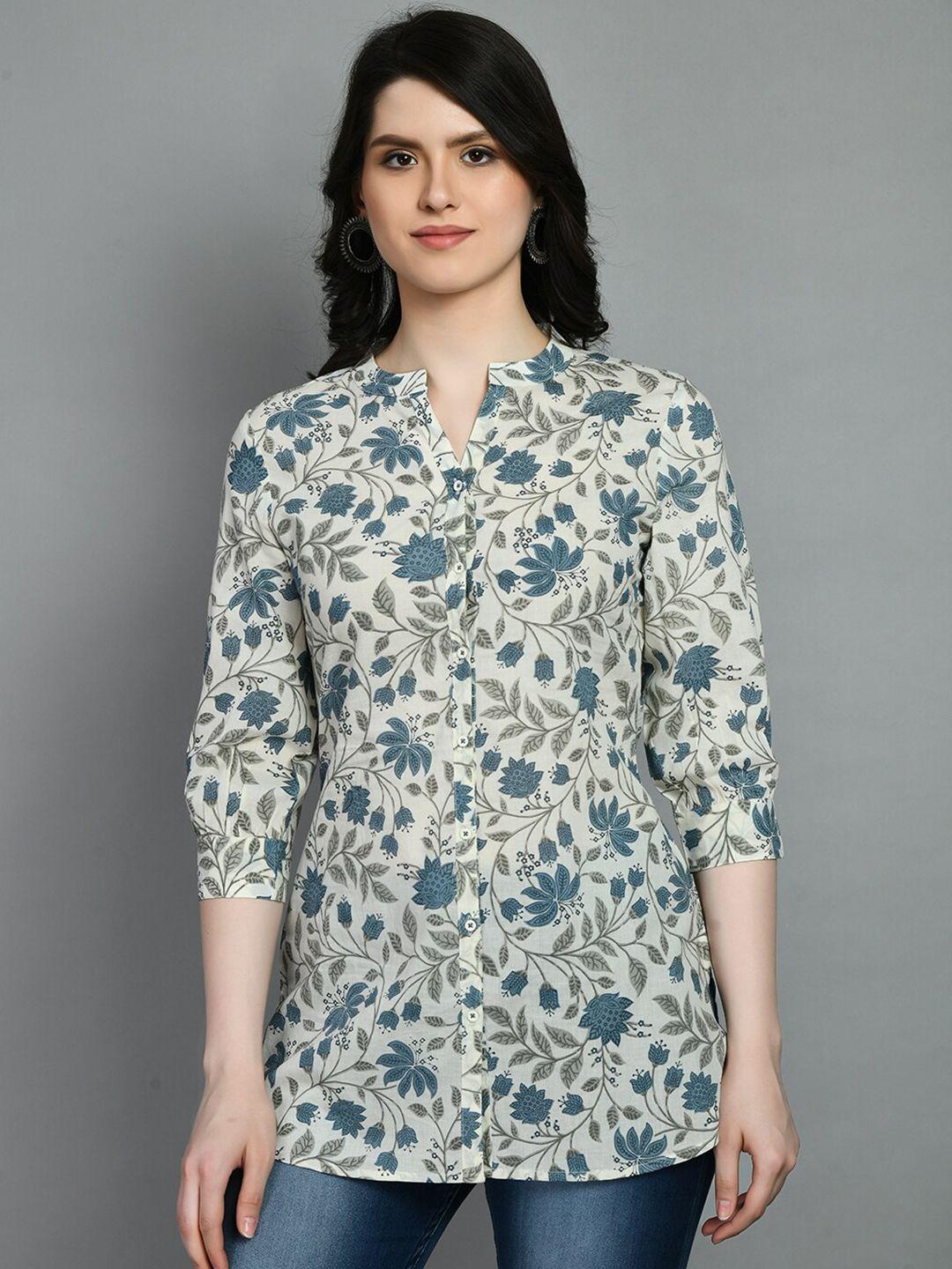 meesan mandarin collar floral printed cotton kurti