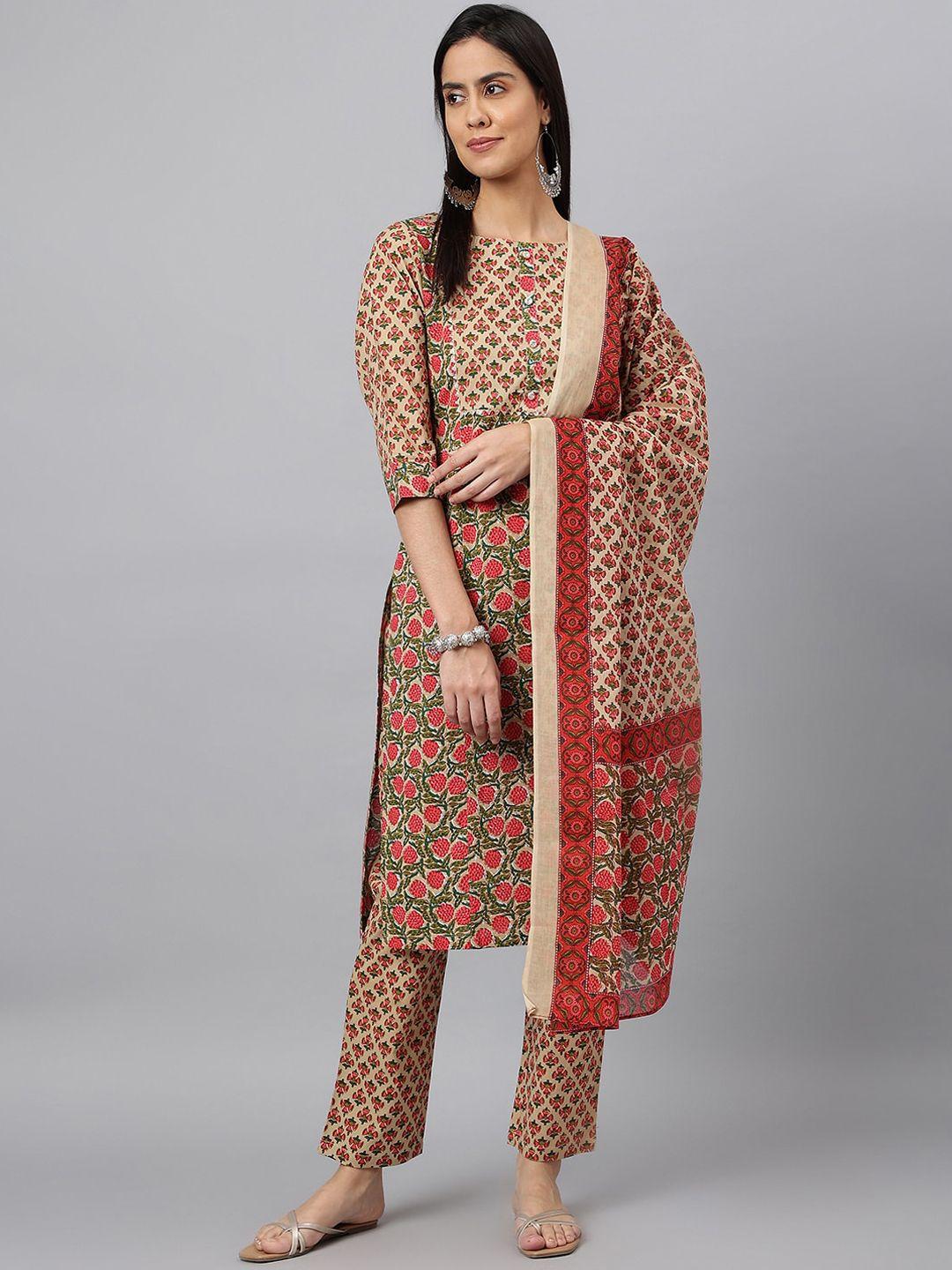 meesan women beige floral printed pure cotton kurta with trousers & with dupatta