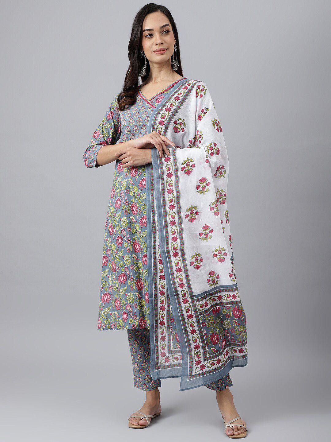 meesan women floral printed pure cotton kurta with trousers & dupatta