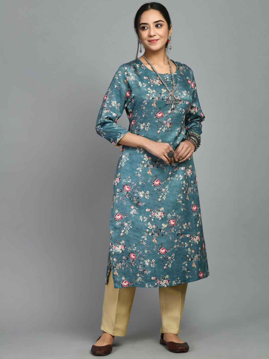 meesan women floral printed sequinned woolen kurta with trousers