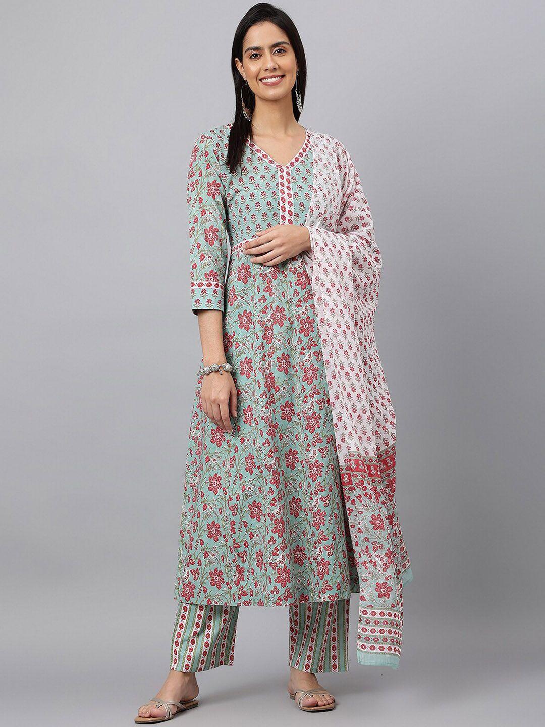 meesan women green floral printed sequinned pure cotton kurta with trousers & with dupatta