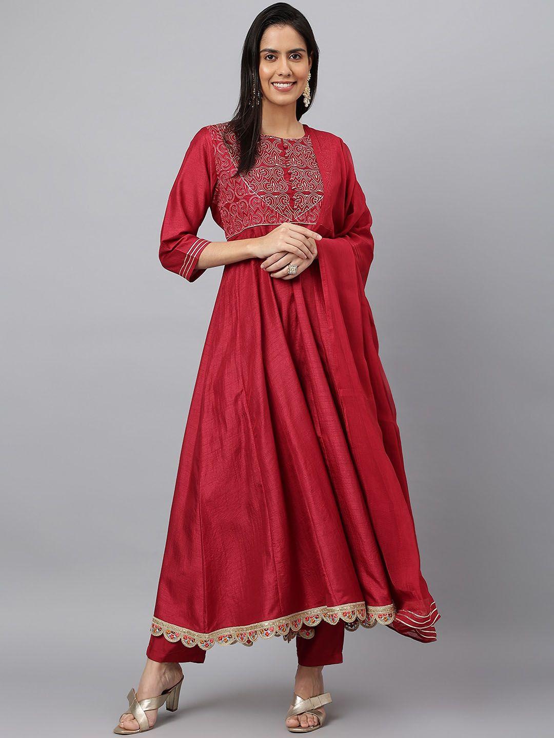 meesan women red floral embroidered thread work kurta with trousers & with dupatta