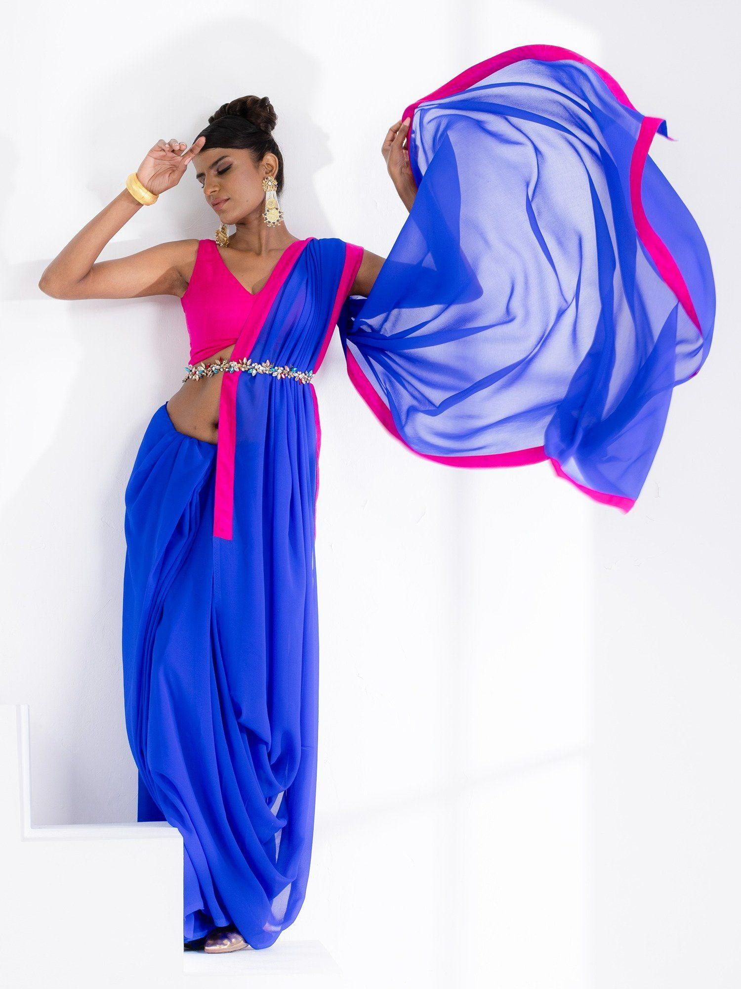 megawatt blue georgette saree with unstitched blouse