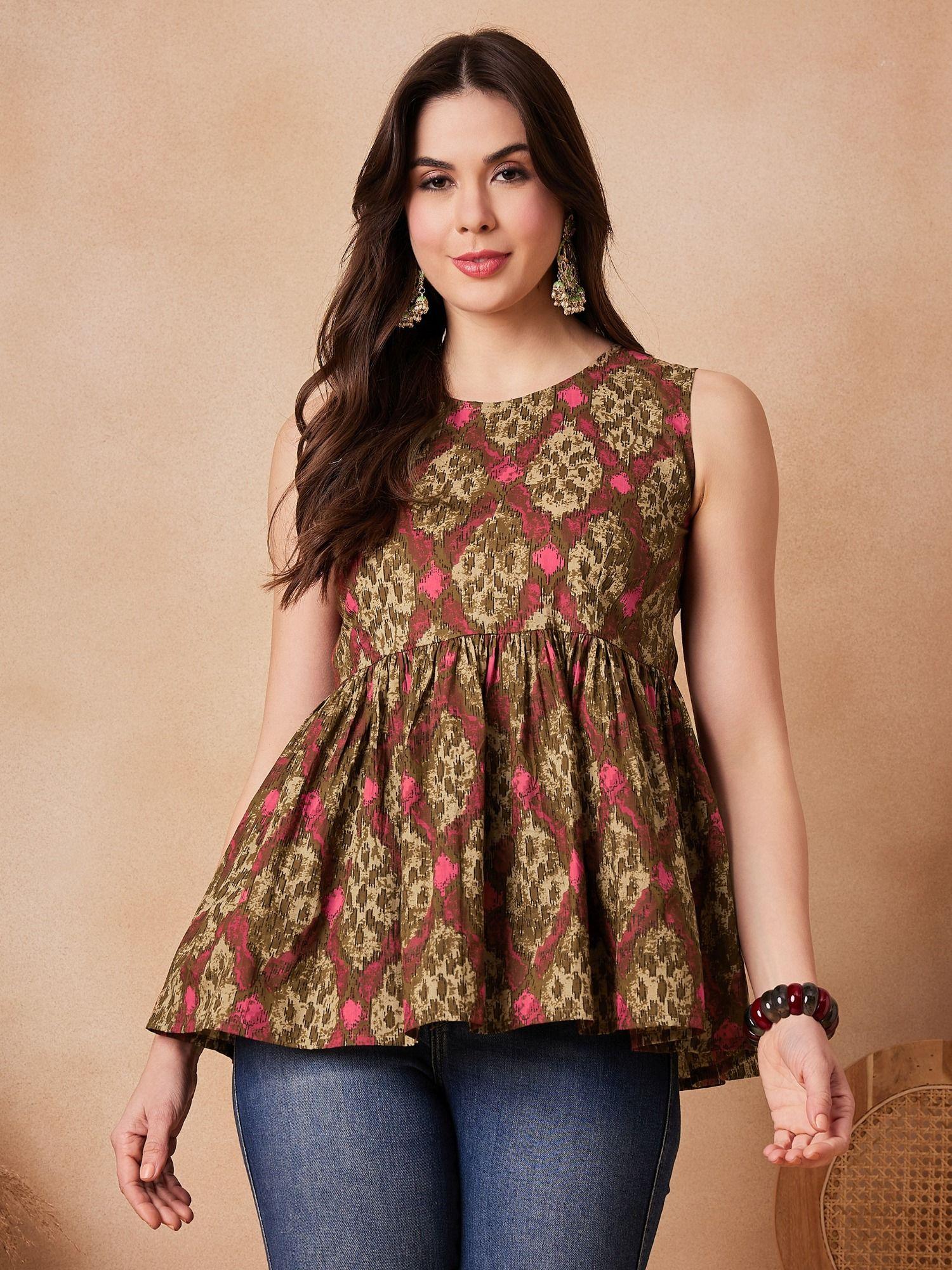 mehandi green printed round neck top