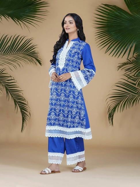 mehbel cobalt blue marbella embroidered kurta with pant and dupatta