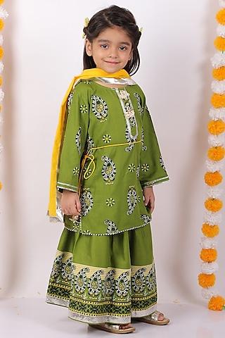 mehendi green hand embroidered & printed lehenga set for girls
