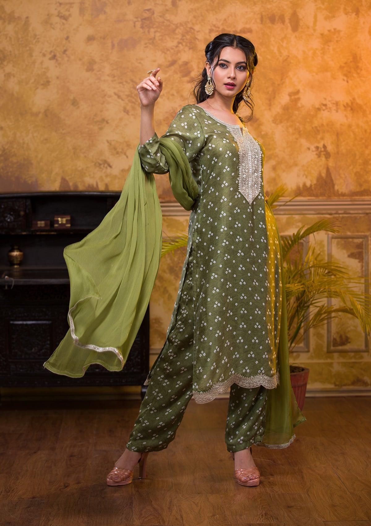 mehendi bandhani semi crepe readymade salwar suit