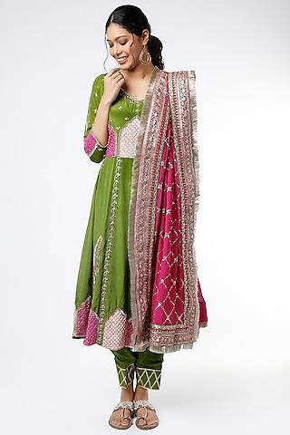 mehendi green & fuchsia sequins embroidered kalidar anarkali set