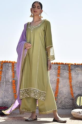 mehendi green & purple embroidered kurta set