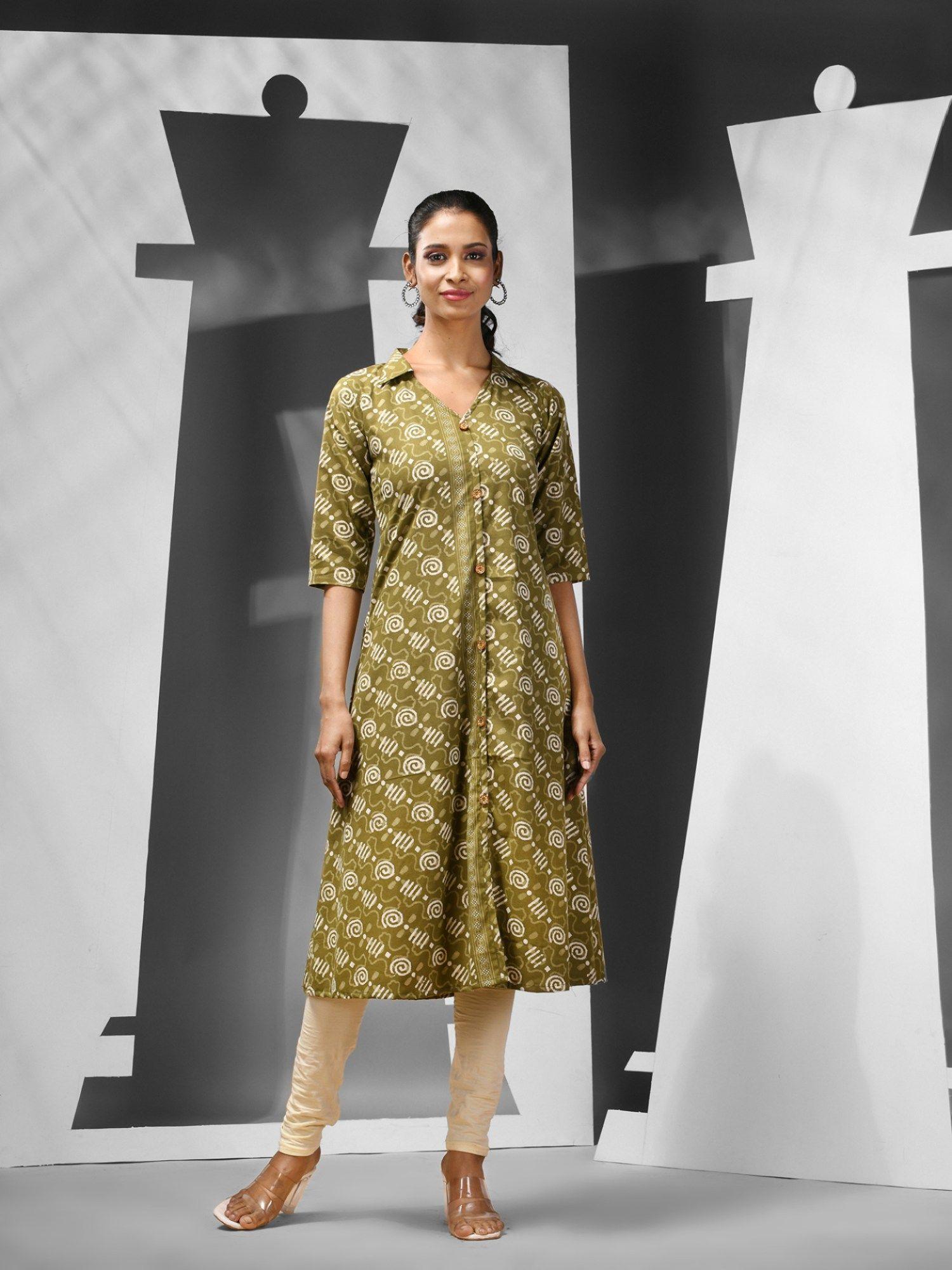 mehendi green abstract pattern cotton a-line kurta