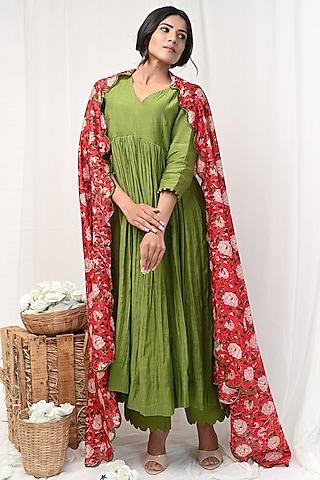 mehendi green chanderi anarkali set