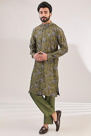mehendi green dupion silk printed & thread embroidered kurta set