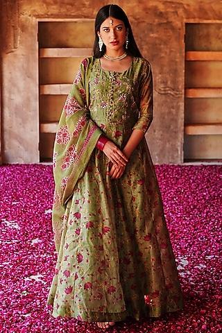 mehendi green embroidered anarkali set