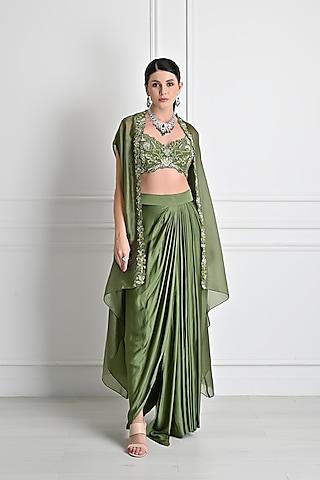 mehendi green embroidered cape set