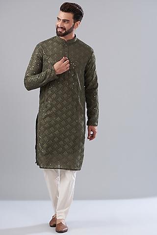 mehendi green georgette embroidered chikankari kurta set