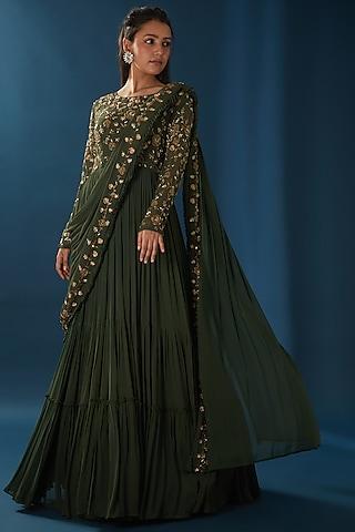 mehendi green georgette sequins embroidered draped gown saree