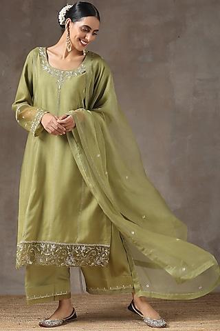 mehendi green hand embroidered kurta set