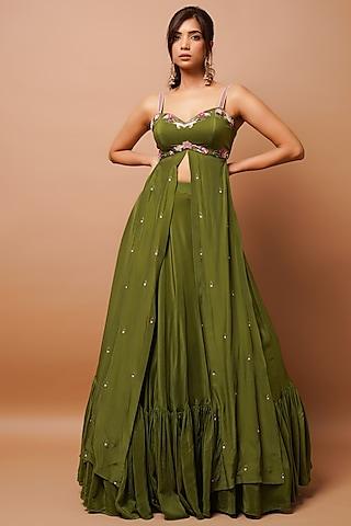 mehendi green heavy crepe ruffle lehenga set