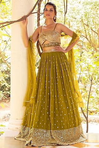 mehendi green mirror embroidered lehenga set