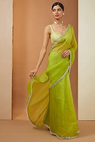mehendi green organza mirror embellished saree set