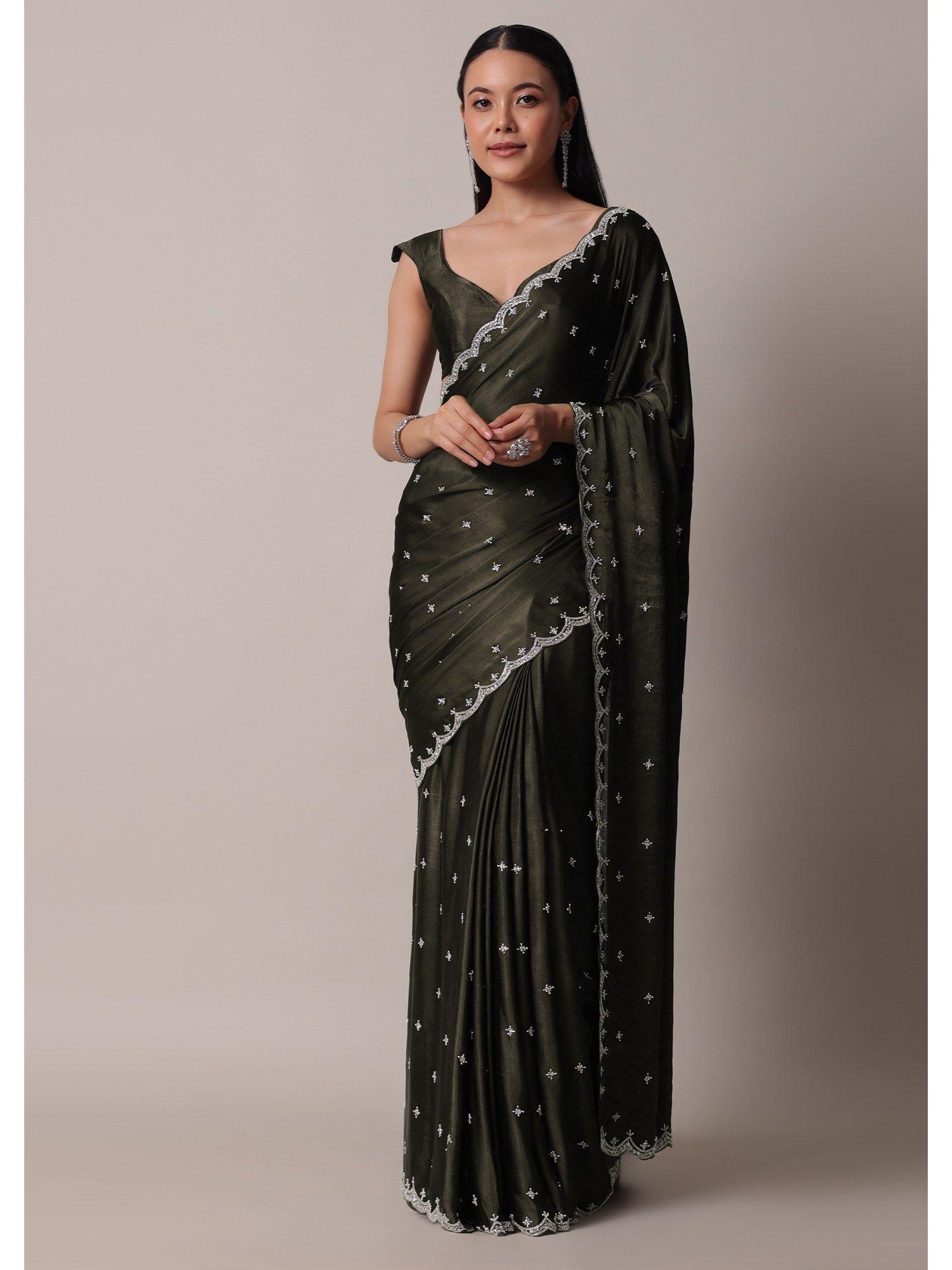 mehendi green pre-draped saree in satin with scallop border & unstitched blouse