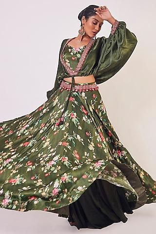 mehendi green printed jacket lehenga set