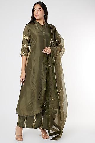 mehendi green silk & cotton embroidered kurta set