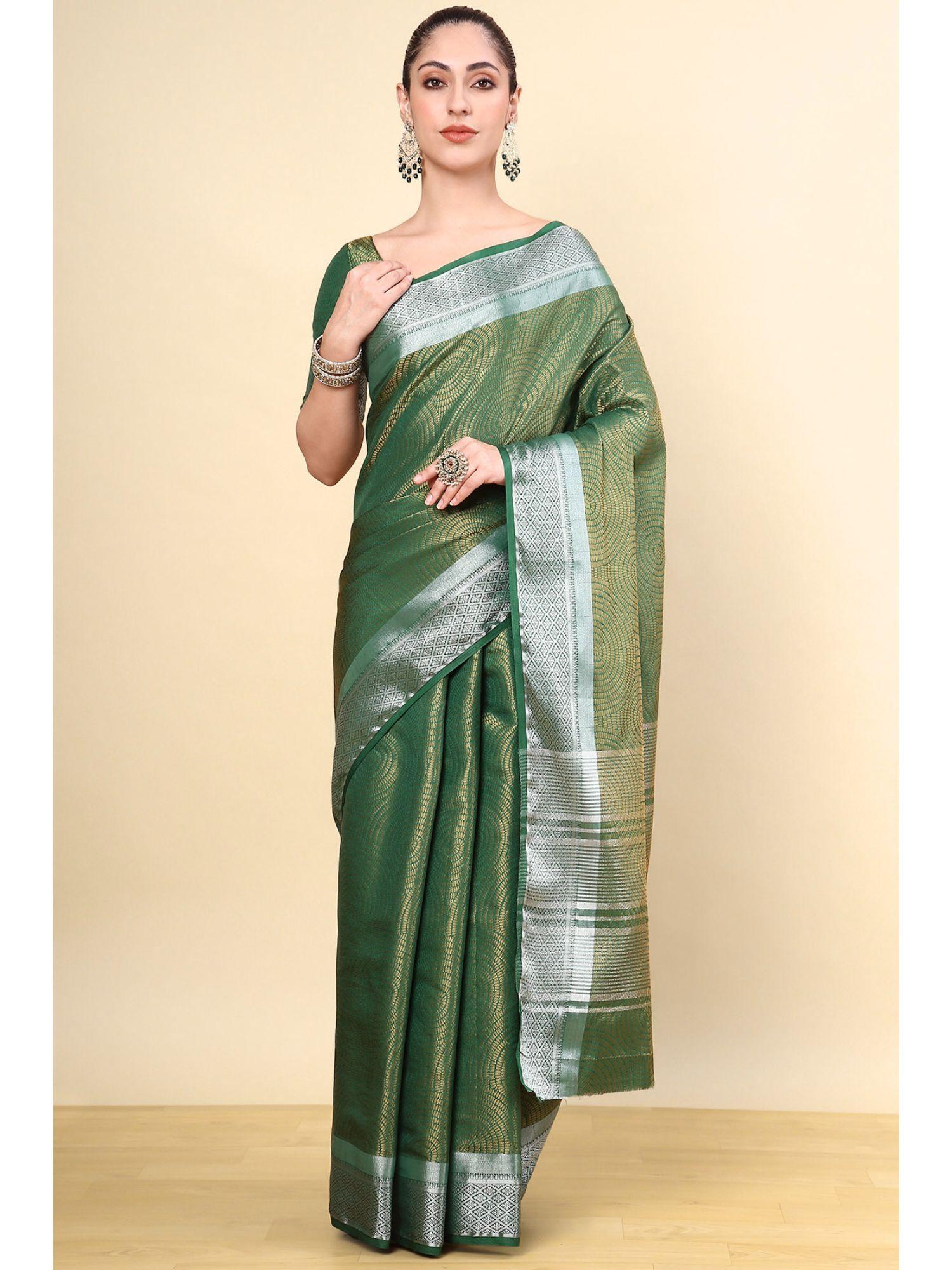 mehendi green silk blend woven saree with unstitched blouse