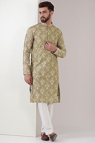 mehendi green silk chikankari embroidered kurta