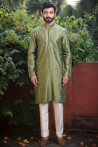 mehendi green silk hand embroidered kurta set