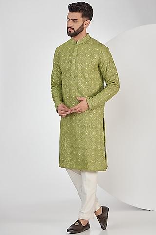 mehendi green silk sequins embroidered chikankari kurta set